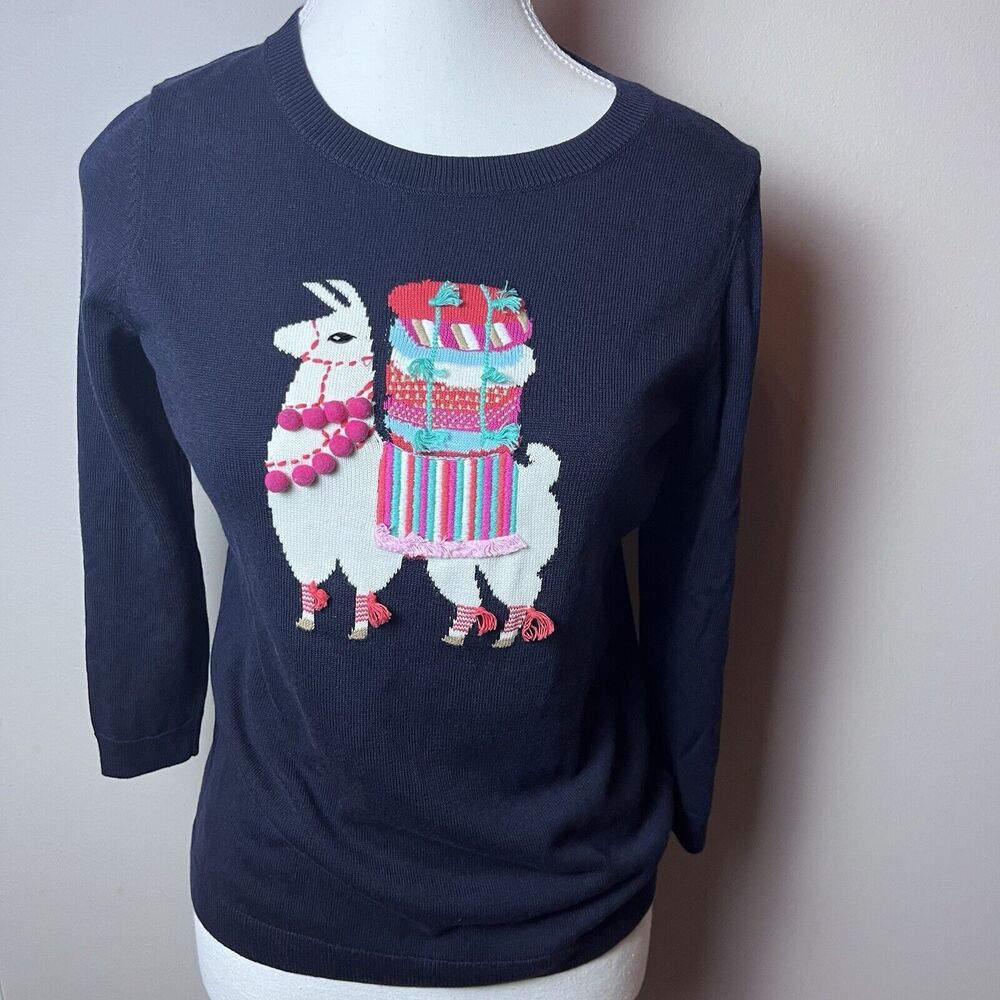 TALBOTS Llama Sweater Embroidered 3/4 Sleeve Navy Blue Size Petite Small